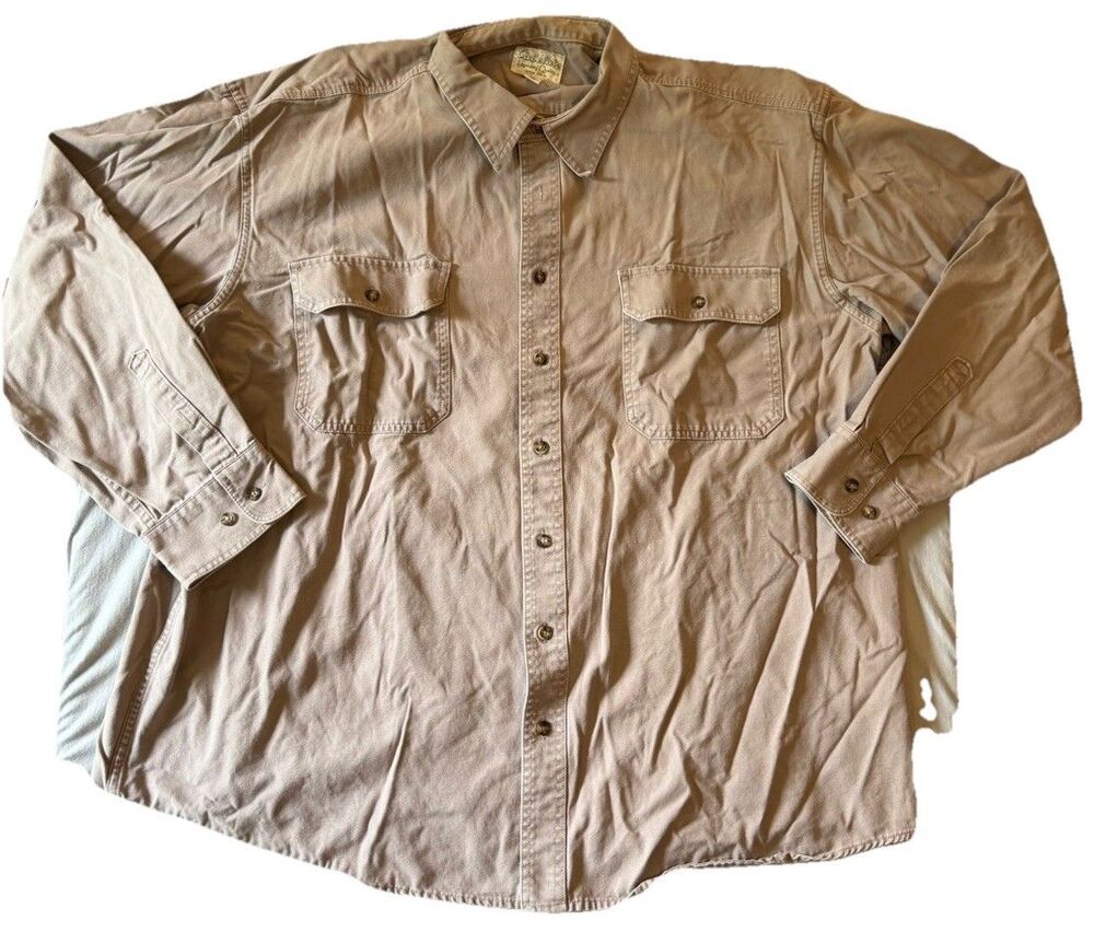 Cabelas Mens XL Tan Khaki Heavy Cotton Canvas Button Down Work Shirt Long Sleeve